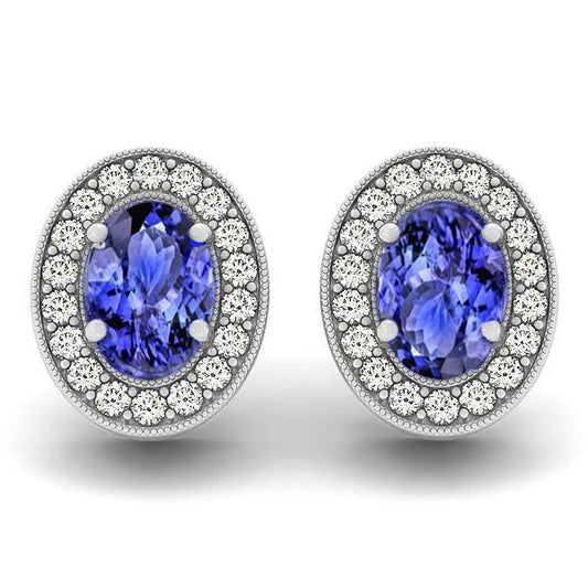 6 Ct Halo Blue Tanzanite And Diamond Stud Earrings 14K White Gold