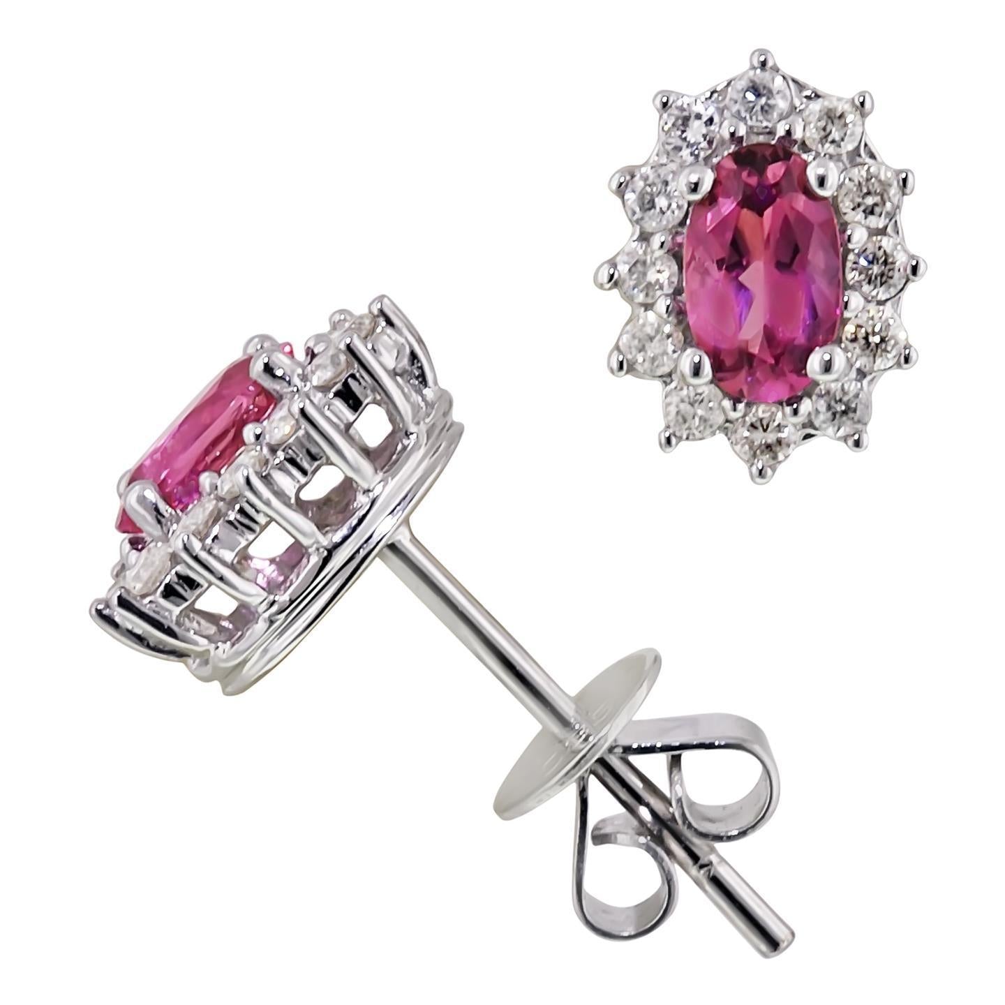 6.60 Carats Pink Oval Tourmaline & Diamond Cluster Stud Halo Earring