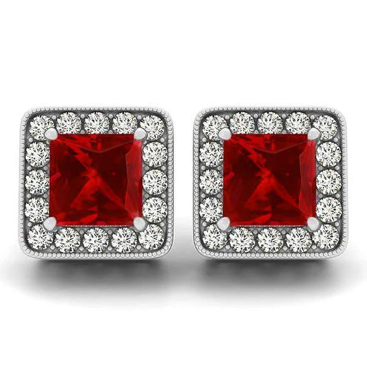 6.70 Ct Ruby With Diamonds Lady Studs Earrings White Gold 14K