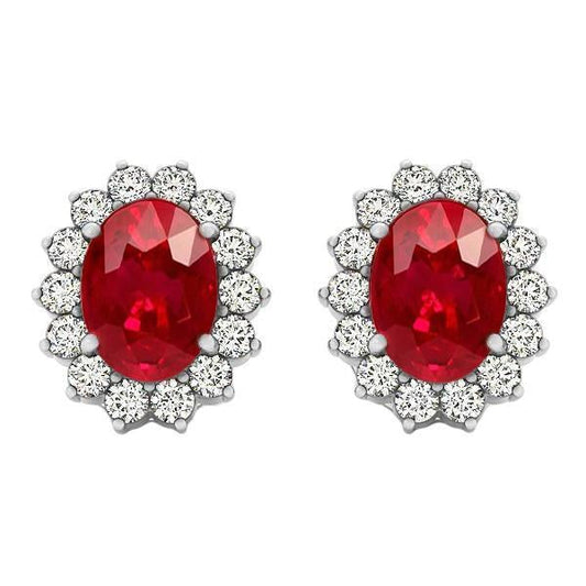 7.50 Ct Oval Ruby With Round Diamonds Studs Earrings White Gold 14K
