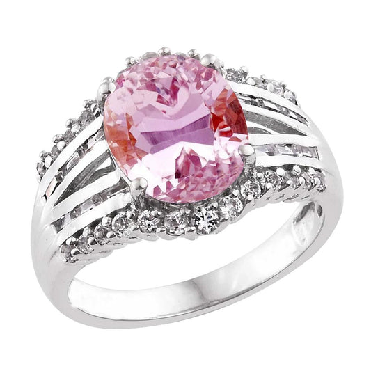8.50 Carats Kunzite And Diamonds Ring Prong Set White Gold 14K