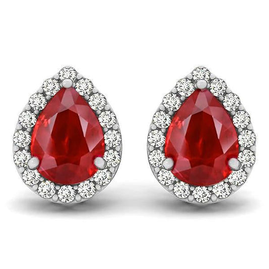 8.60 Ct Ruby And Diamonds Studs Halo Earrings White Gold 14K
