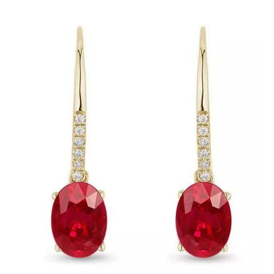 8.60 Ct Ruby With Diamonds Dangle Earrings Yellow Gold 14K