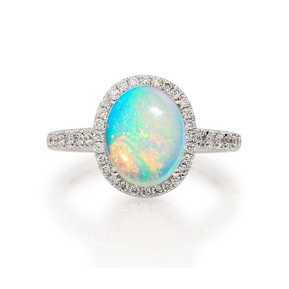 9.40 Ct Big Opal And Diamonds Anniversary Ring White Gold 14K