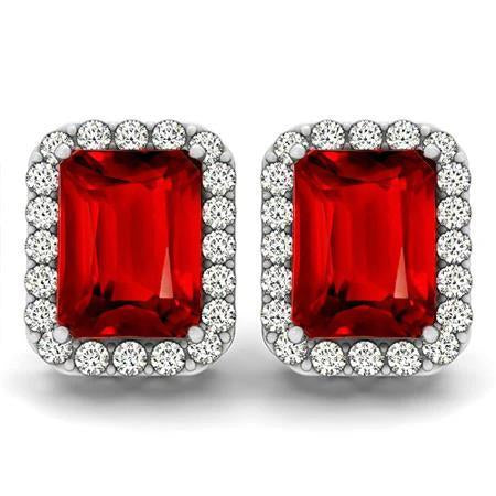 9.50 Carats Emerald Ruby & Diamond Halo Stud Earrings 14K Gold