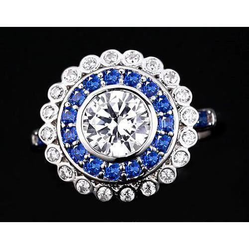 Anniversary Ring Round Diamond & Blue Sapphire Baguettes 4 Carats