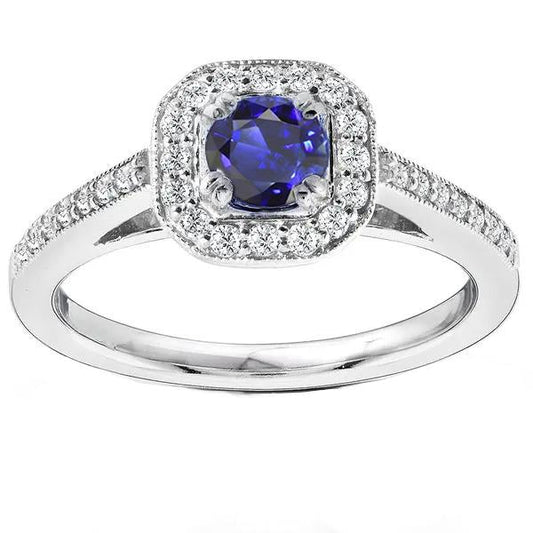 Antique Style Diamond Halo Blue Sapphire Ring 3 Carats Milgrain Shank