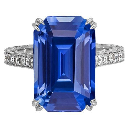 Antique Style Diamond Ring Emerald Blue Sapphire 5 Carats Pave Accents