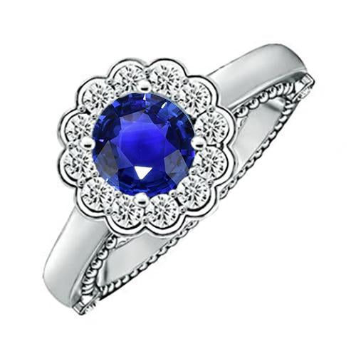 Antique Style Diamond Ring Halo Flower Style Blue Sapphire 2.50 Carats