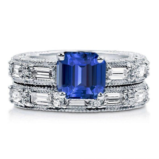 Antique Style Engagement Diamond Emerald Sapphire Ring Set 4.50 Carats