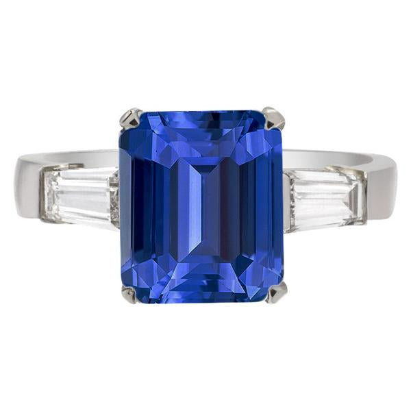 Baguette Diamond Three Stone Emerald Ceylon Sapphire Ring 3.50 Carats