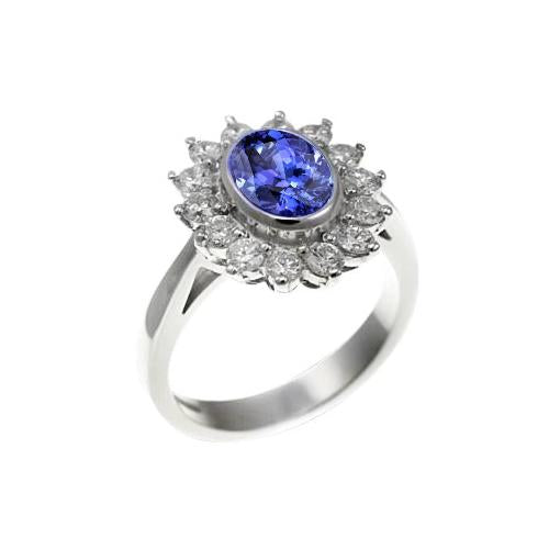 Bezel Set Tanzanite Oval Diamond 3.30 Carats Ring White Gold