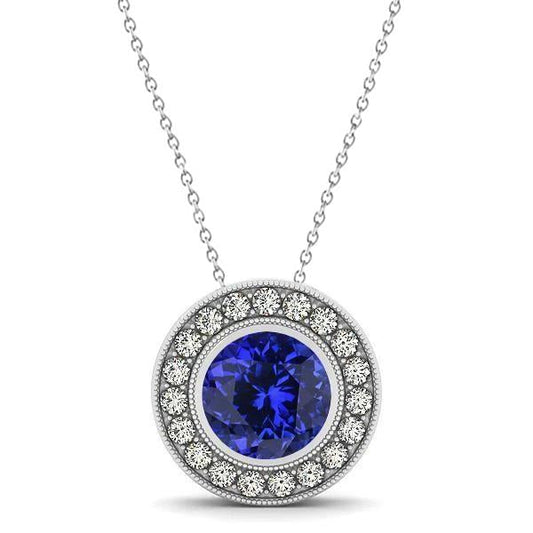 Bezel Set Tanzanite With Diamonds Pendant Necklace Gold 14K 2.75 Ct