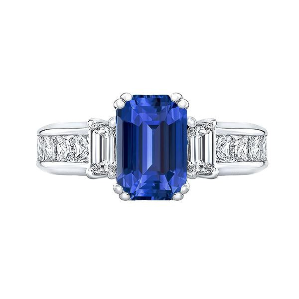 Blue Sapphire 3 Stone Emerald Cut Ring & Princess Diamonds 4 Carats