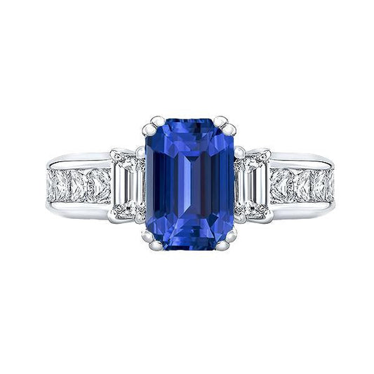 Blue Sapphire 3 Stone Emerald Cut Ring & Princess Diamonds 4 Carats