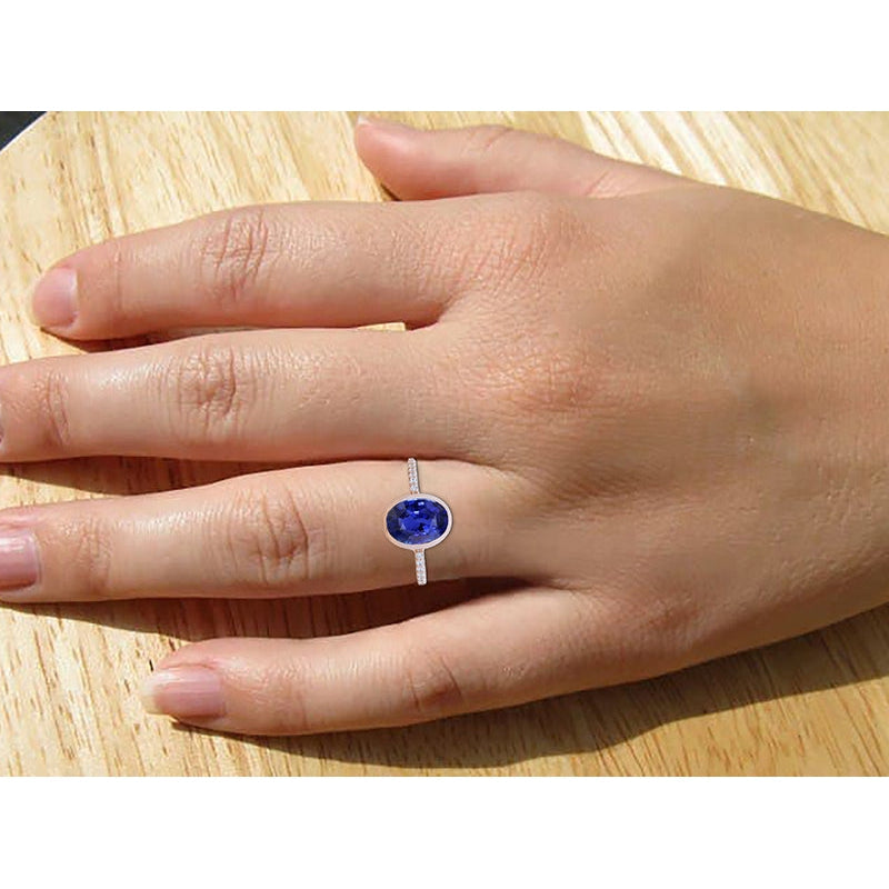 Blue Sapphire Solitaire Ring Bezel Set With Natural Earth Mined Diamonds Gold 3.50 Carats