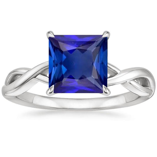 Blue Sapphire Solitaire Ring Princess Cut White Gold 14K 5 Carats
