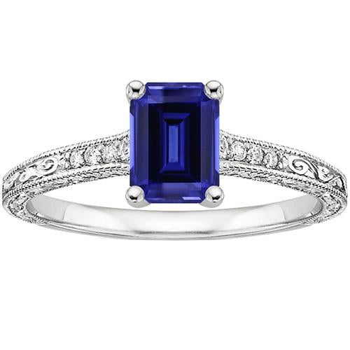 Blue Sapphire Solitaire Ring With Diamonds Milgrain Shank 3.50 Carats