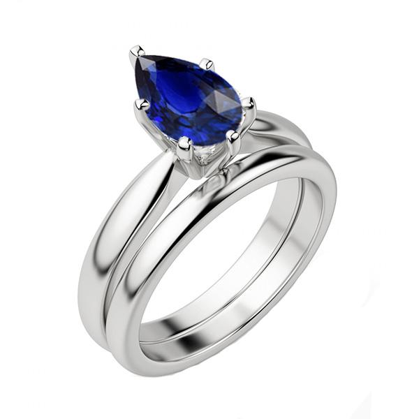 Blue Sapphire Wedding Ring Set Solitaire Pear Cut Sri Lankan 2 Carats