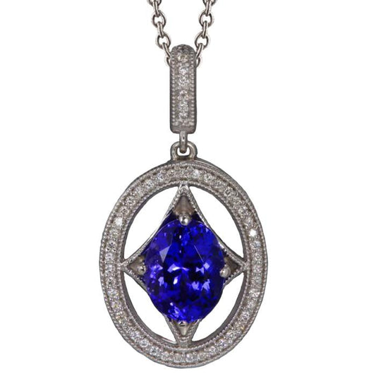 Blue Tanzanite And Diamonds 3.00 Ct Pendant Necklace White Gold 14K
