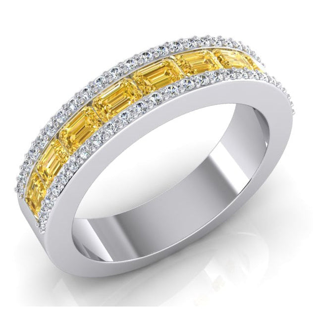 Canary Yellow Diamond Emerald Cut & Round Gold Band 3.25 Carats