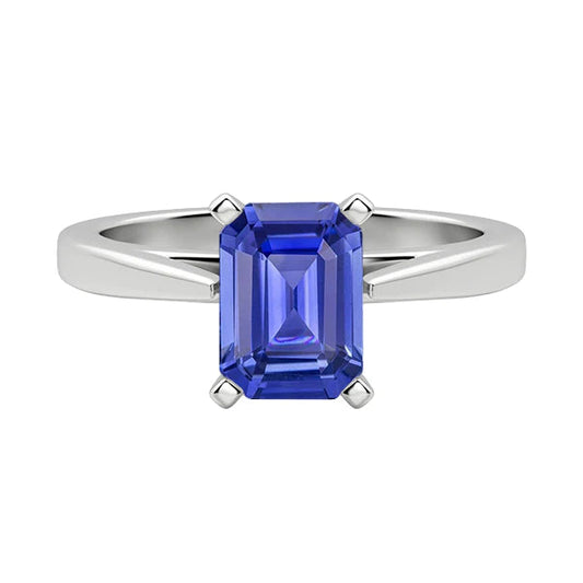 Cathedral Setting Ceylon Sapphire Solitaire Emerald Shaped Ring