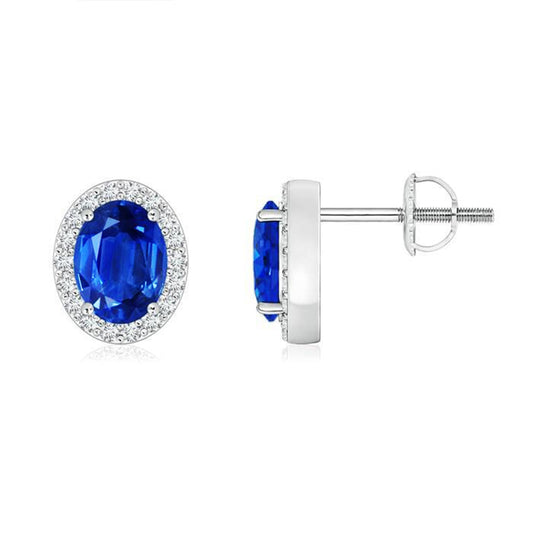 Ceylon Blue Sapphire Stud Diamond Earring Gold 14K 3.40 Carats