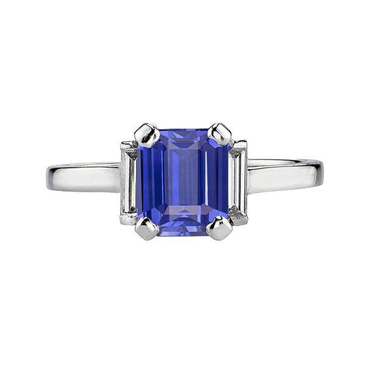 Ceylon Sapphire 3 Stone Emerald Shaped & Baguette Ring 2.50 Carats