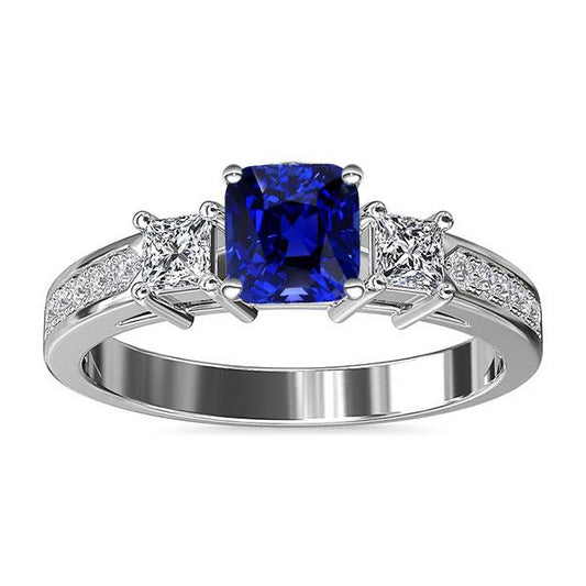 Ceylon Sapphire Gemstone Ring Princess & Round Diamonds 2.50 Carats