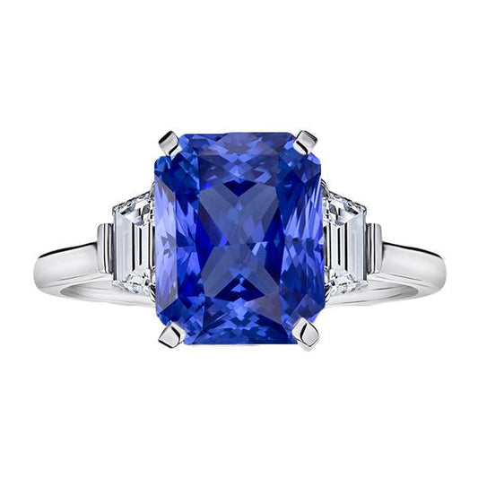 Ceylon Sapphire Gemstone Ring Trapezoid Diamonds 4 Carat Gold 3 Stone