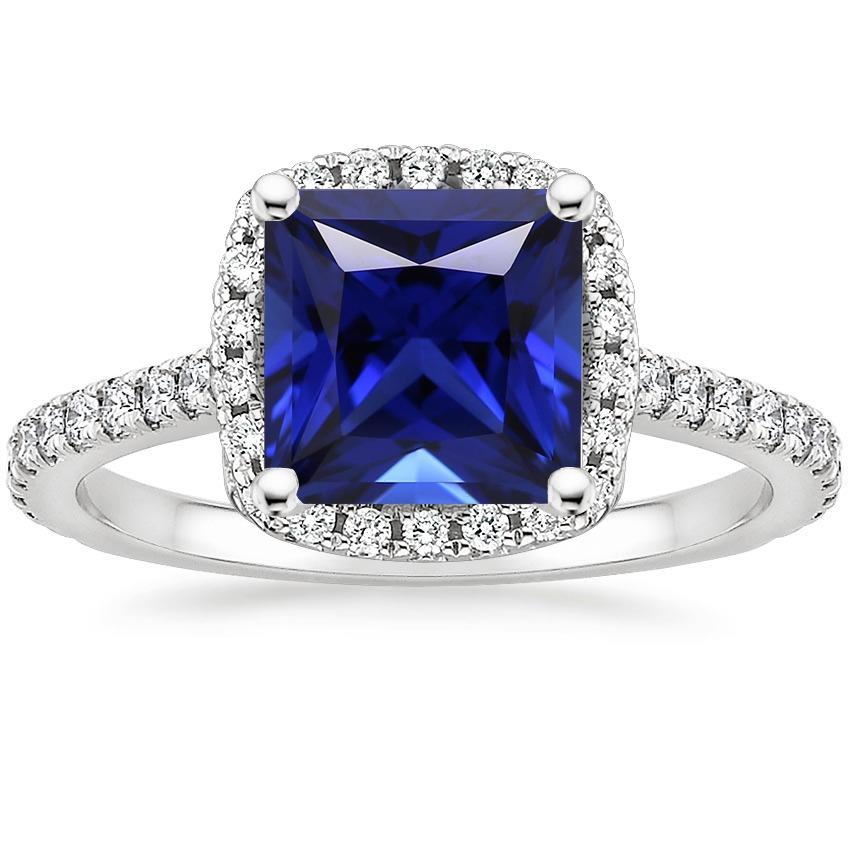 Ceylon Sapphire Halo Diamond Ring 6 Carat Princess Cut With Accents