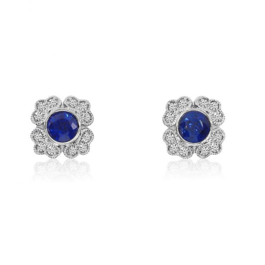 Ceylon Sapphire With Halo Diamond Stud Earring 3.20 Ct White Gold 14K