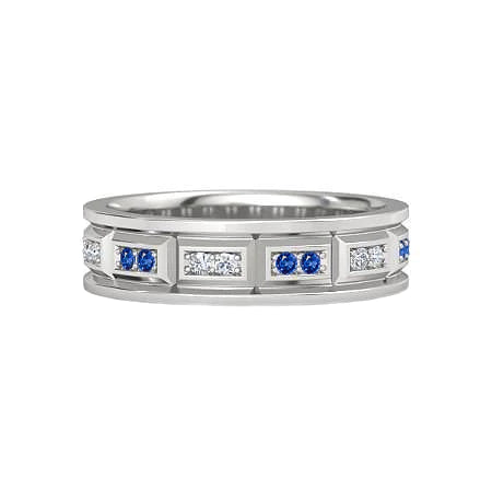 Comfort Fit Vintage Type Band Diamonds Blue Sapphire White Gold 14K