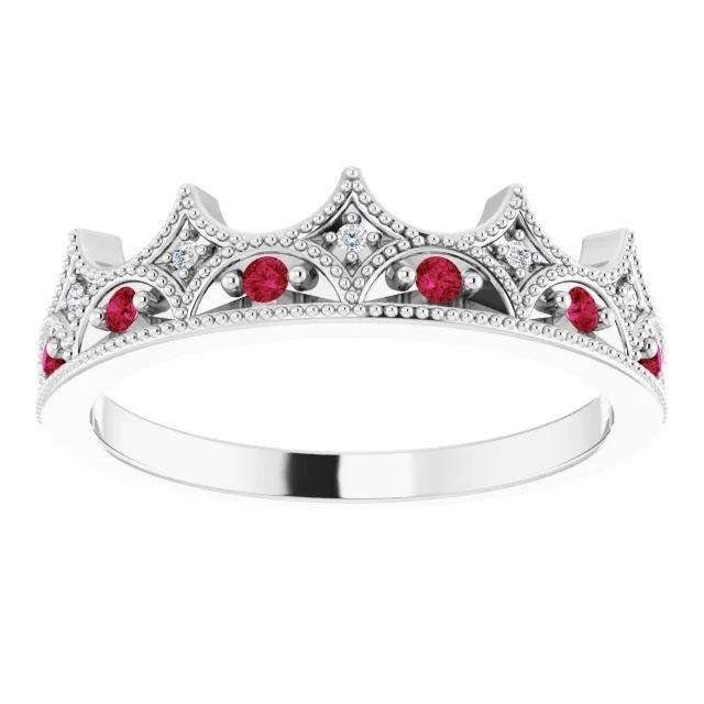 Crown Style Diamond & Ruby Stone Ring White Gold 14K 1.40 Carats