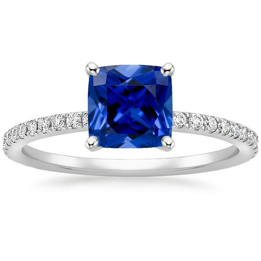 Cushion Blue Sapphire Diamond Ring With Pave Set Accents 2.75 Carats