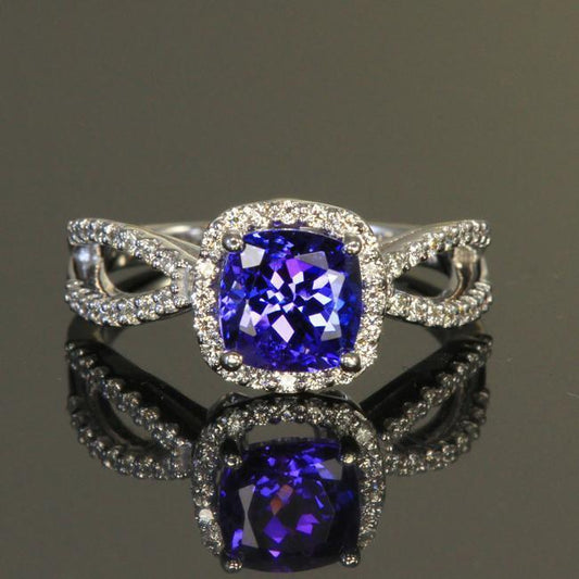 Cushion Blue Tanzanite And Diamond Ring 5.50 Carats White Gold 14K