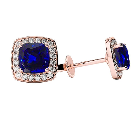 Cushion Cut Tanzanite With Diamonds 4.40 Carats Studs Earrings 14K