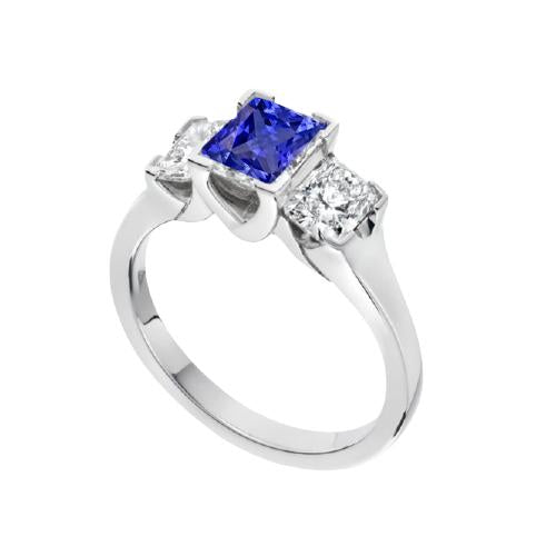 Cushion Diamond 3 Stone Ring V-Prong Ceylon Sapphire 1.50 Carats