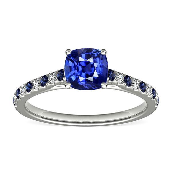 Cushion Gemstone Ring Round Blue Sapphire & Diamonds 2.50 Carats