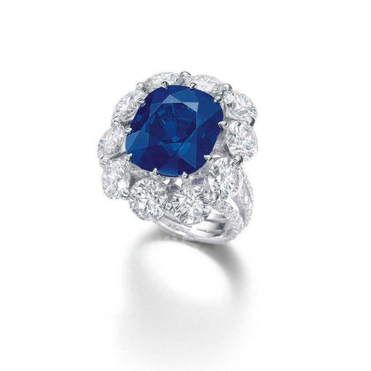Cushion Sapphire And Round Diamonds 10.50 Ct Ring White Gold 14K