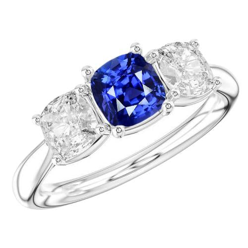 Cushion Sapphire Three Stone Ring 2.50 Carats Diamonds Gold Jewelry