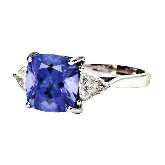 Cushion Tanzanite AAA Diamonds 3 Carat 3-Stone Ring White Gold 14K