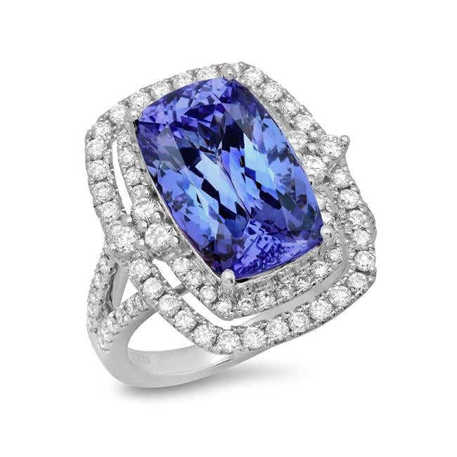 Cushion Tanzanite & Diamond 7 Carats Halo Fancy Ring Gold White 14K