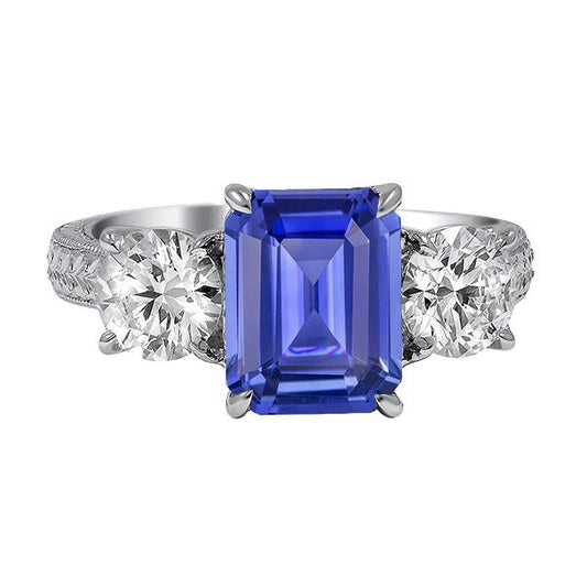 Diamond 3 Stone Emerald Srilanka Sapphire Ring Vintage Style 3 Carats