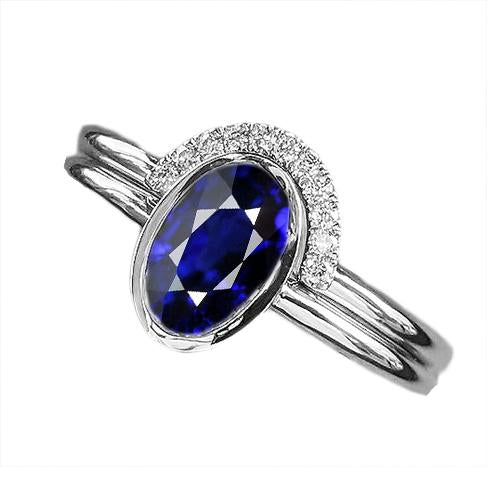 Diamond Band & Oval Blue Sapphire Wedding Ring Set 3 Carats White Gold