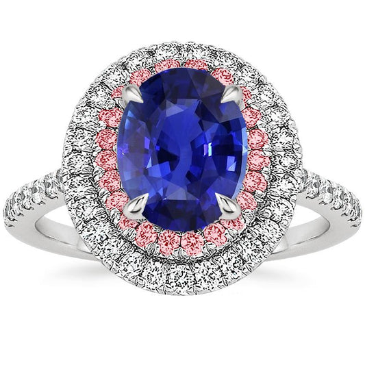 Diamond Double Halo Oval Blue & Pink Sapphire Ring 5 Carats Prong Set