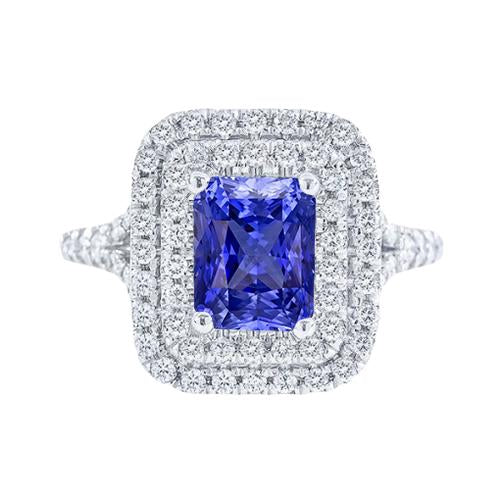 Diamond Double Halo Radiant Sapphire Ring 4 Carats Split Shank