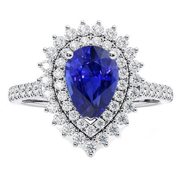 Diamond Double Halo Ring Flower Style Pear Blue Sapphire 5.50 Carats
