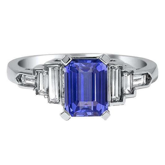 Diamond Emerald Blue Sapphire With Baguette Accents Ring 3 Carats