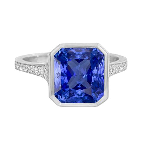 Diamond Gemstone Jewelry Bezel Set Radiant Blue Sapphire Ring 3 Carats